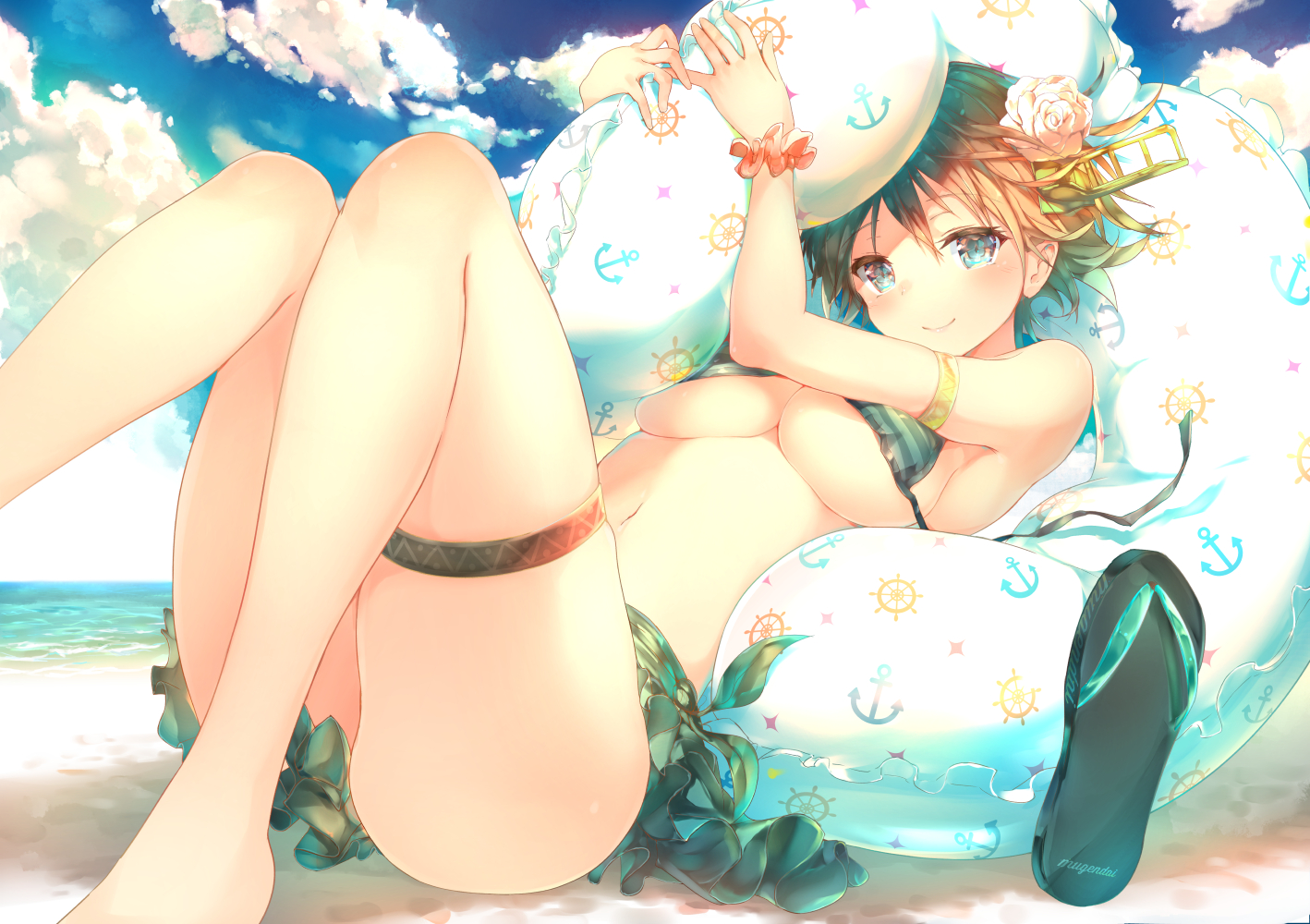 aliasing, anthropomorphism, aqua_eyes, beach, bikini, breasts, brown_hair, clouds