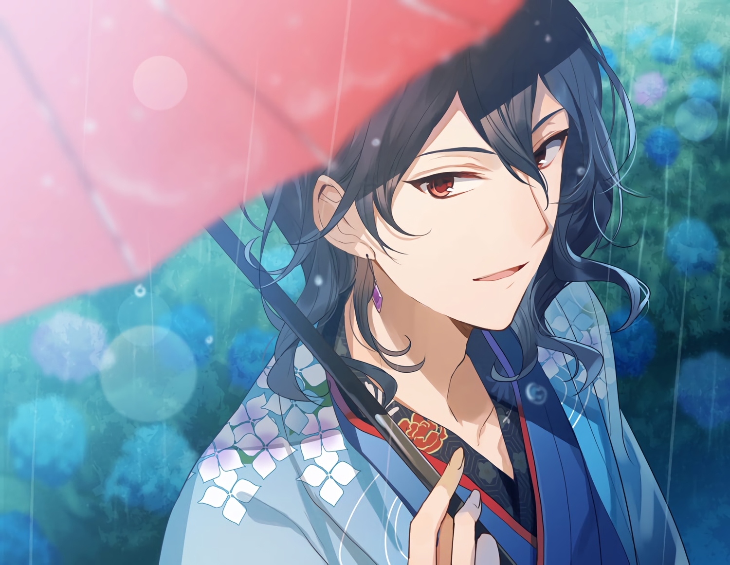 all_male, black_hair, close, ensemble_stars!, japanese_clothes, male, rain, red_eyes