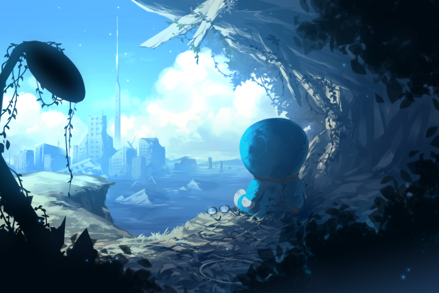 building, city, clouds, doraemon, doraemon_(character), glasses, leaves, no_humans