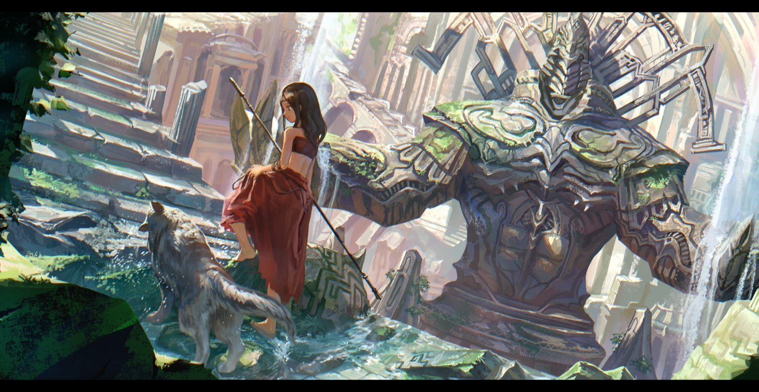 animal, barefoot, brown_hair, headband, long_hair, original, ox_(baallore), ruins