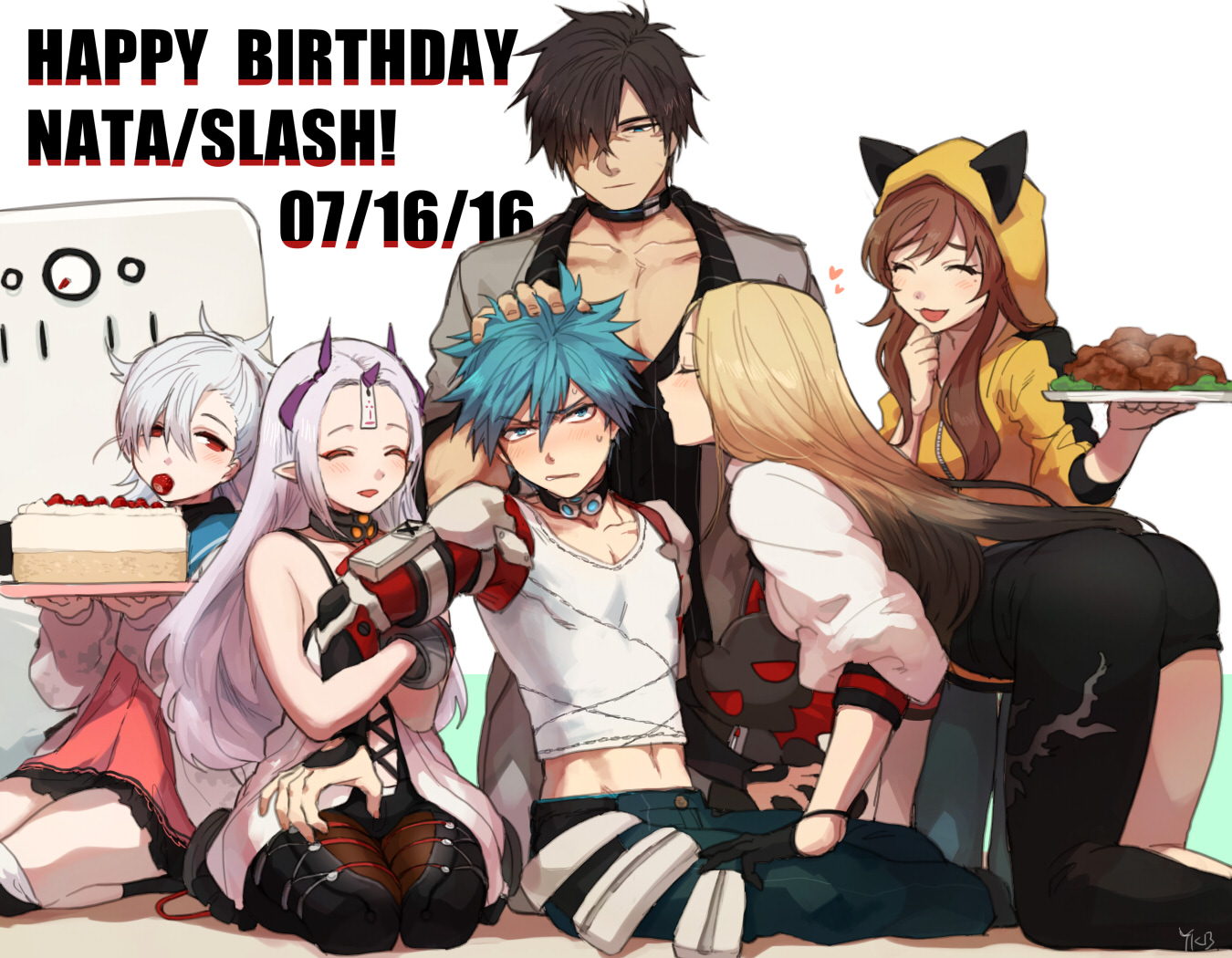 animal_ears, aqua_eyes, aqua_hair, armor, ass, blonde_hair, blush, brown_hair