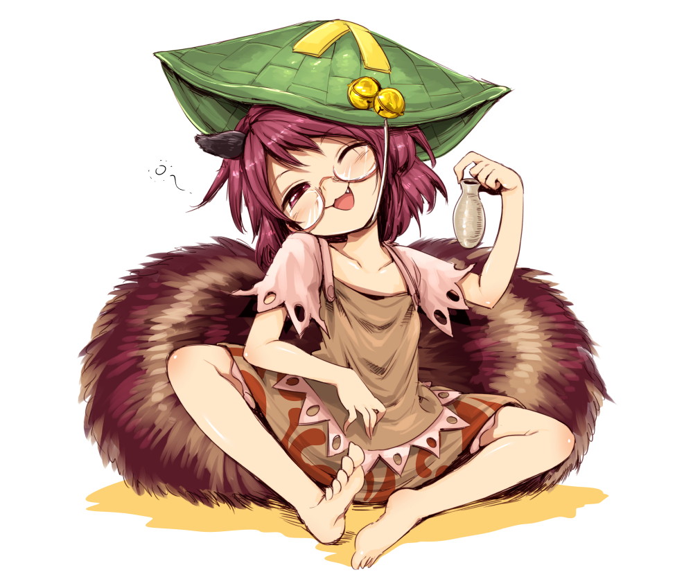 animal_ears, barefoot, bell, cat_smile, drink, fang, futatsuiwa_mamizou, glasses, harusame, hat, loli, red_eyes, red_hair, sake, short_hair, tail, touhou, wink