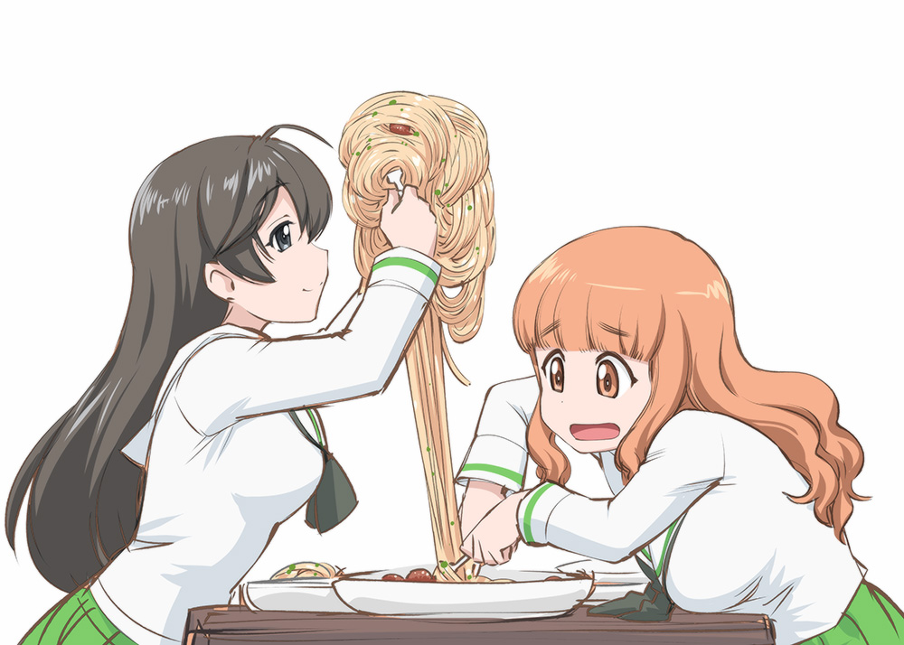 2girls, black_eyes, black_hair, food, girls_und_panzer, isuzu_hana, long_hair, orange_eyes