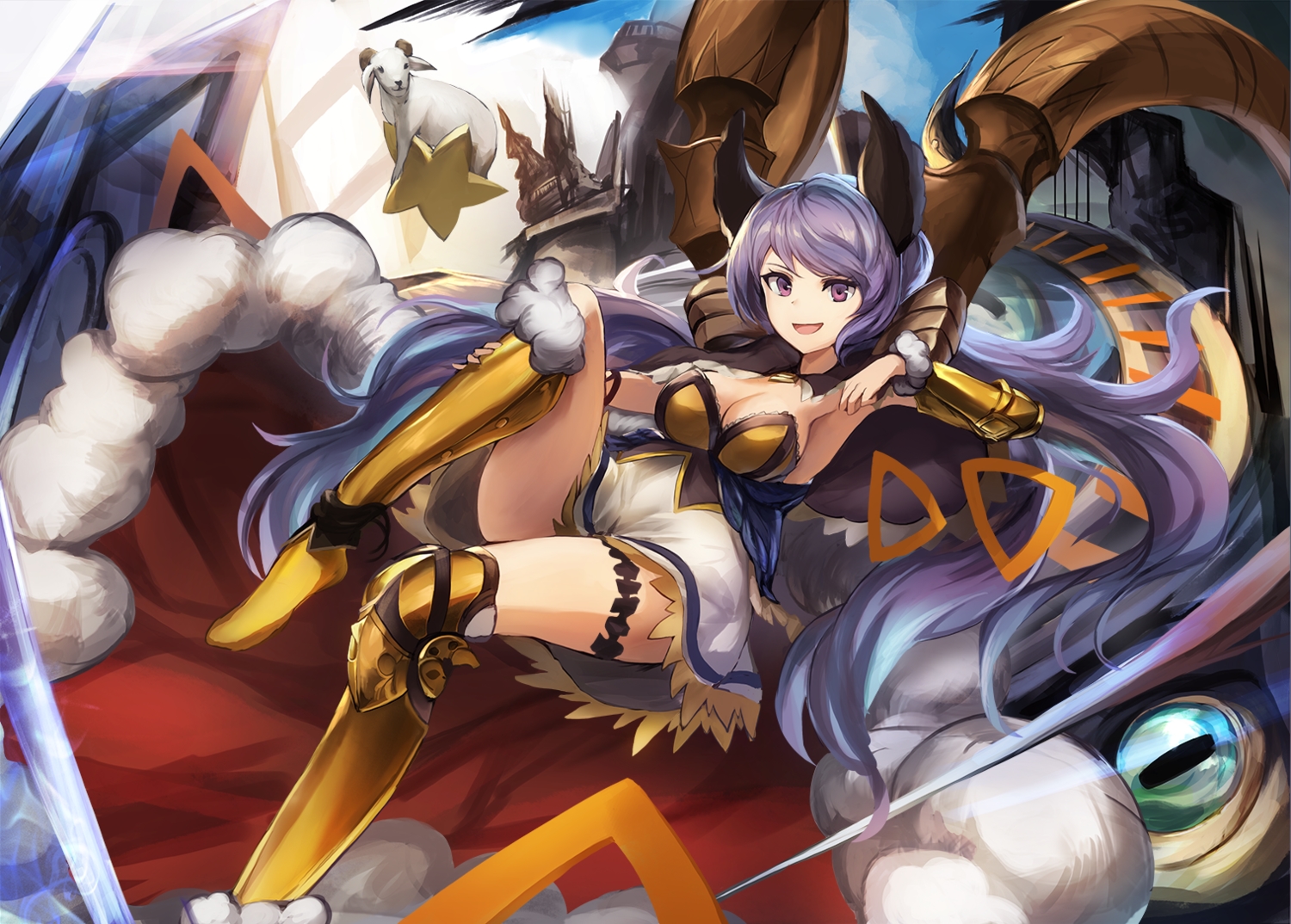 eruthika, goat, granblue_fantasy, horns, kneehighs, long_hair, purple_eyes, purple_hair, satyr_(granblue_fantasy)