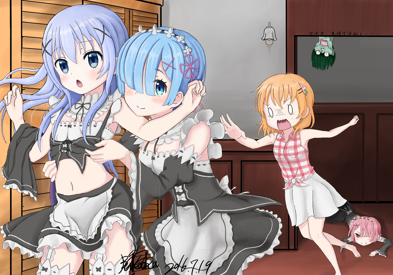 astraea_9029, betelgeuse_romanee-conti, blush, crossover, gochuumon_wa_usagi_desu_ka?, hoto_cocoa, kafuu_chino, loli, maid, male, ram_(re:zero), rem_(re:zero), re:zero_kara_hajimeru_isekai_seikatsu, signed, twins