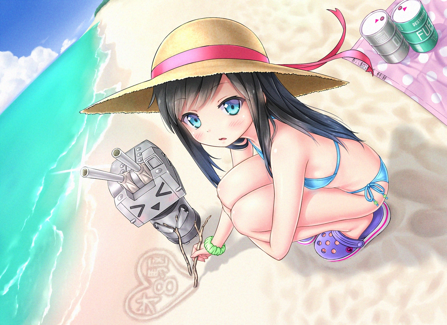 anthropomorphism, aqua_eyes, asashio_(kancolle), beach, bikini, black_hair, blush, clouds
