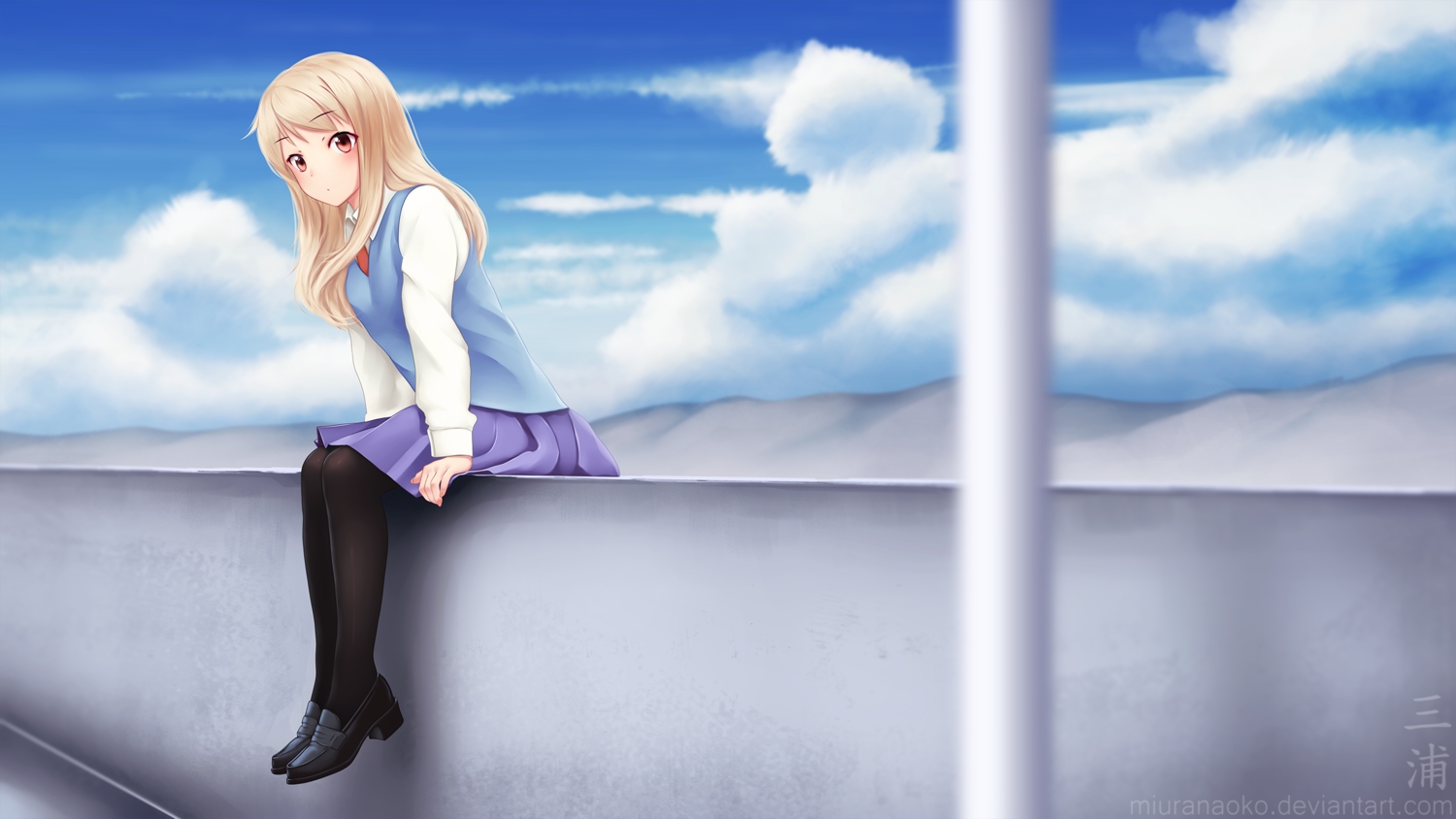 blonde_hair, clouds, long_hair, miura_naoko, pantyhose, red_eyes, sakura-sou_no_pet_na_kanojo, school_uniform