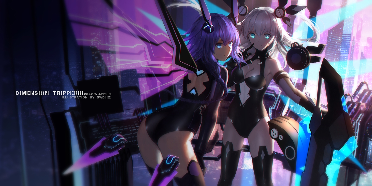 2girls, aqua_eyes, ass, black_heart, blue_eyes, bodysuit, braids, elbow_gloves, gloves, headdress, hyperdimension_neptunia, long_hair, neptune, noire, purple_hair, purple_heart, swd3e2, thighhighs, white_hair, wings