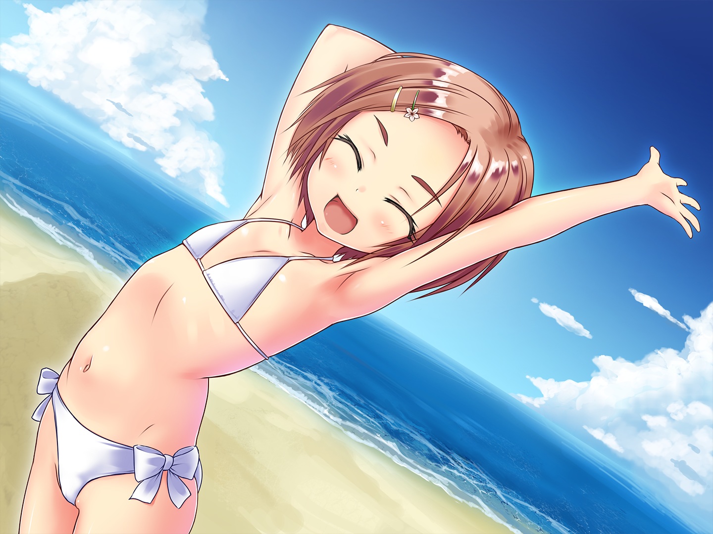 beach, bikini, bow, brown_hair, cameltoe, clouds, flat_chest, idolmaster, idolmaster_cinderella_girls, loli, navel, ryuuzaki_kaoru, short_hair, sky, swimsuit, tagme_(artist), water