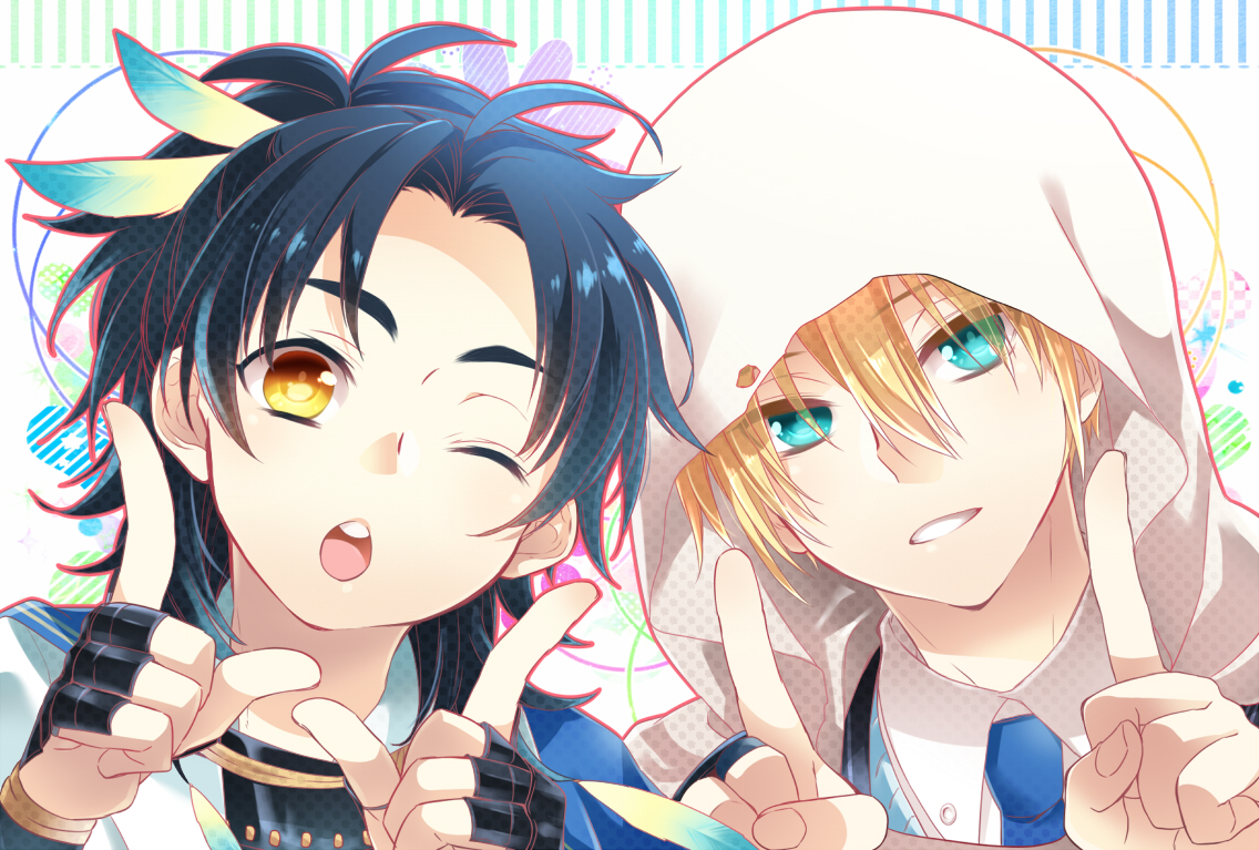 all_male, anthropomorphism, aqua_eyes, black_hair, blonde_hair, close, gloves, hajime
