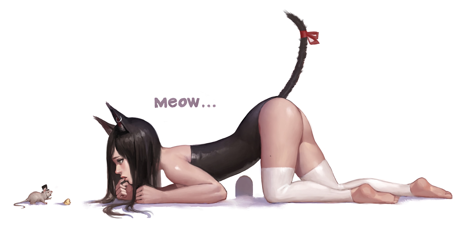animal, animal_ears, ass, black_hair, catgirl, dongho_kang, food, hat, long_hair, mouse, original, ribbons, stockings, tail, thighhighs