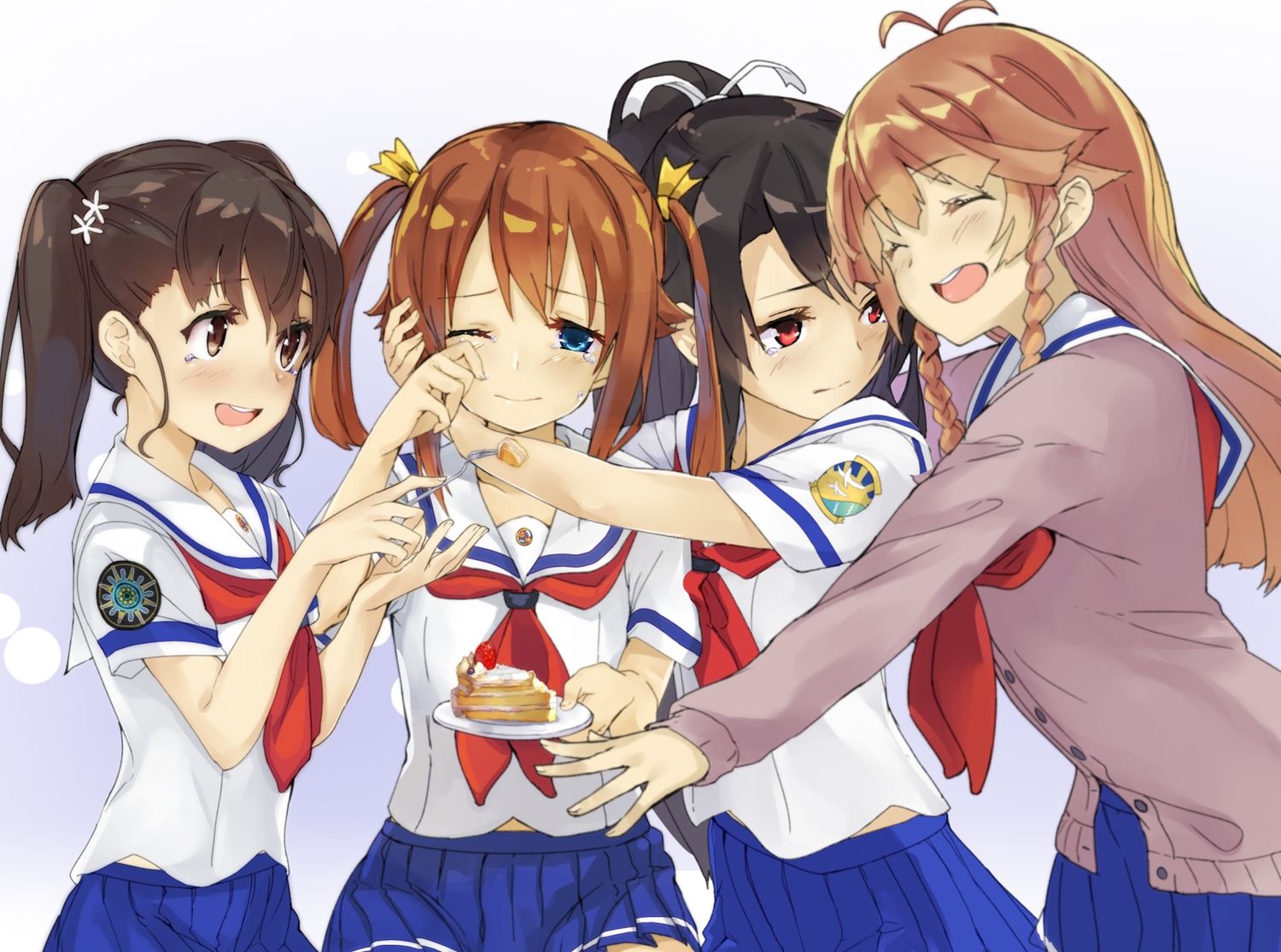 black_hair, blue_eyes, blush, braids, brown_eyes, brown_hair, cake, crying, food, group, high_school_fleet, misaki_akeno, munetani_mashiro, nosa_kouko, ponytail, red_eyes, school_uniform, shiretoko_rin, tagme_(artist), tears, twintails, wink