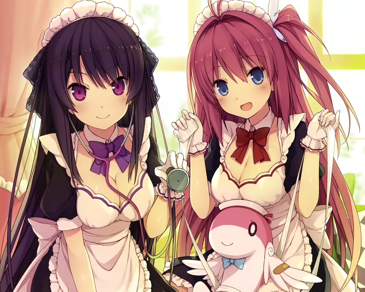 ao_no_kanata_no_four_rhythm, breasts, chibi, cleavage, cropped, kurashina_asuka, maid, scan, sprite, suzumori, thighhighs, tobisawa_misaki