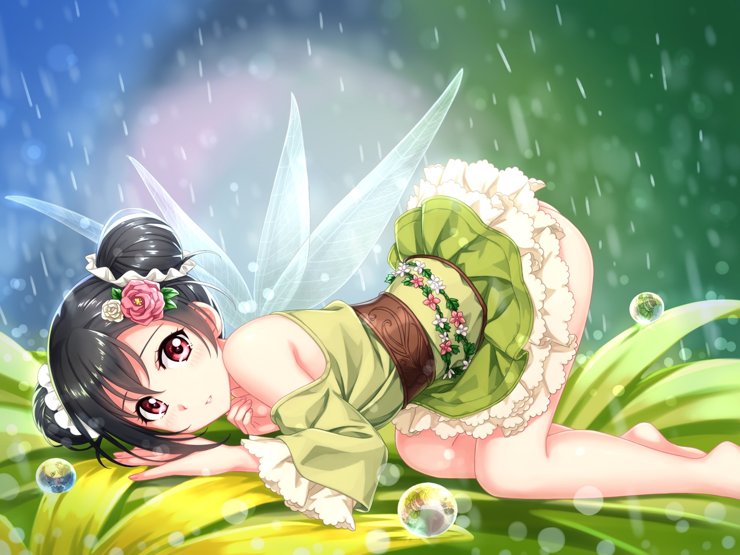 ass, barefoot, black_hair, fairy, flowers, green, lolita_fashion, love_live!_school_idol_project
