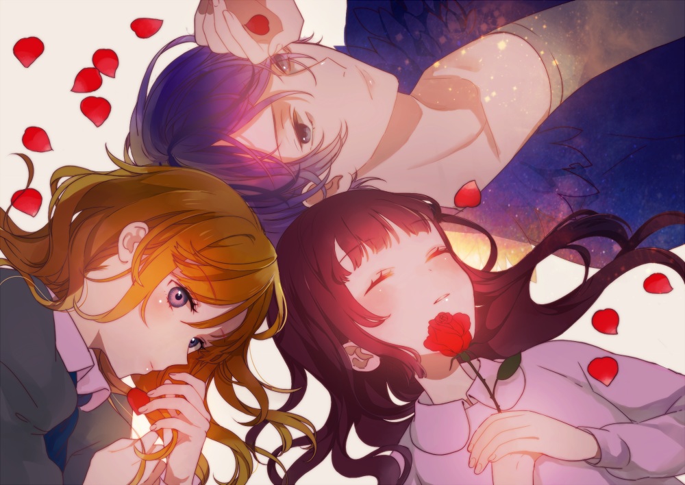 flowers, gary_(ib), ib, ib_(ib), long_hair, male, mary_(ib), petals, rose, shimacchaoune