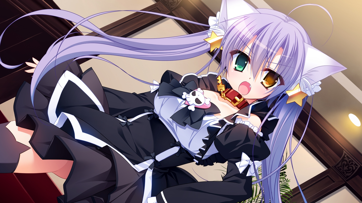 animal_ears, bicolored_eyes, catgirl, corona_blossom, dress, front_wing, game_cg, goth-loli