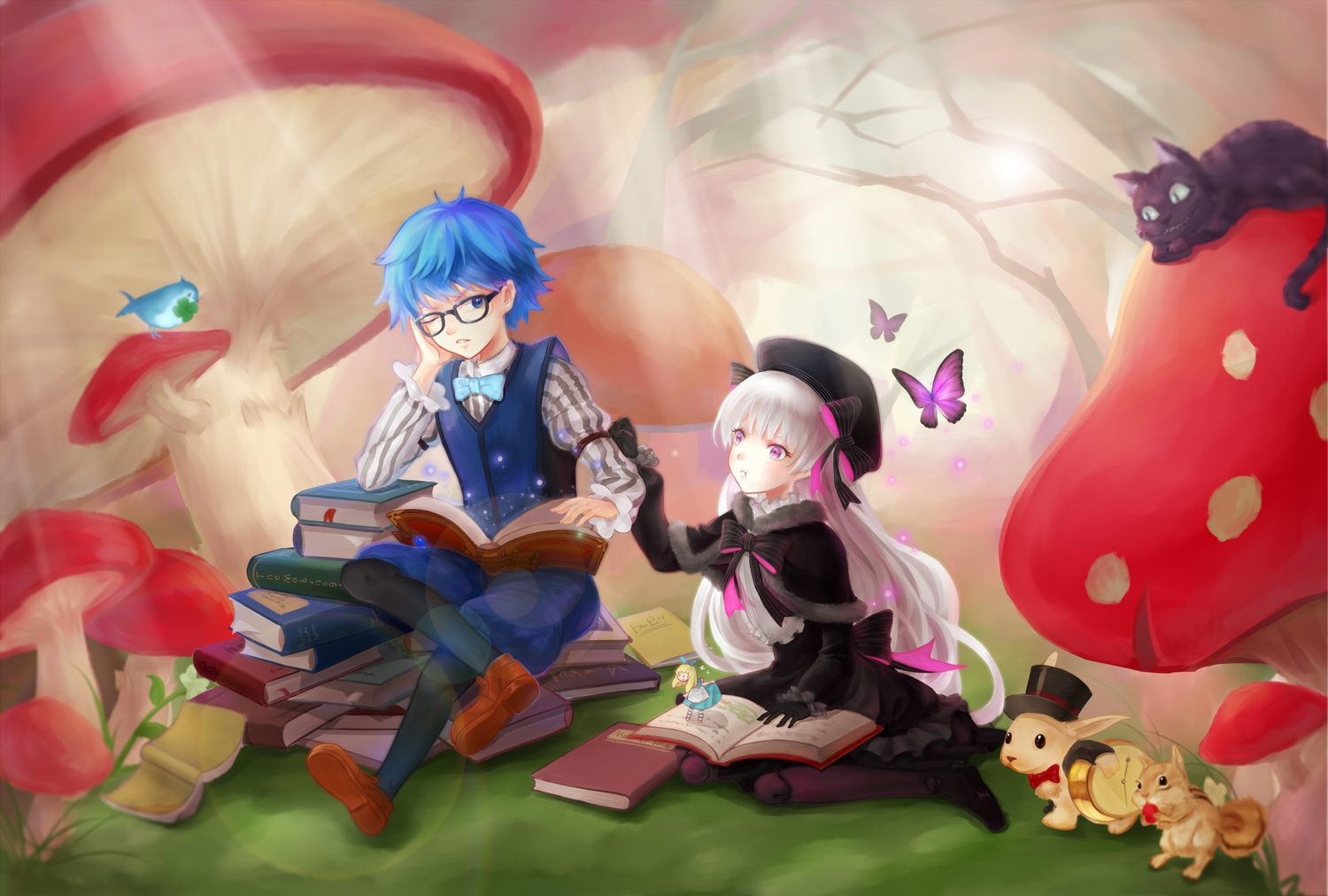 animal, bird, blue_eyes, blue_hair, book, caster_(fate/extra_ccc), cat, fate/extra