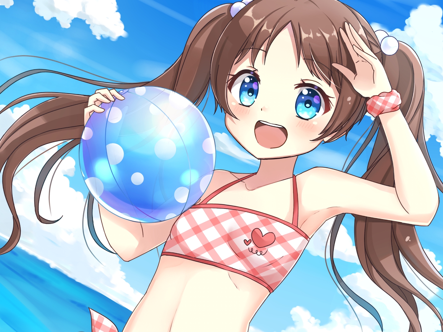 aliasing, aqua_eyes, ball, bikini, blush, brown_hair, clouds, cropped
