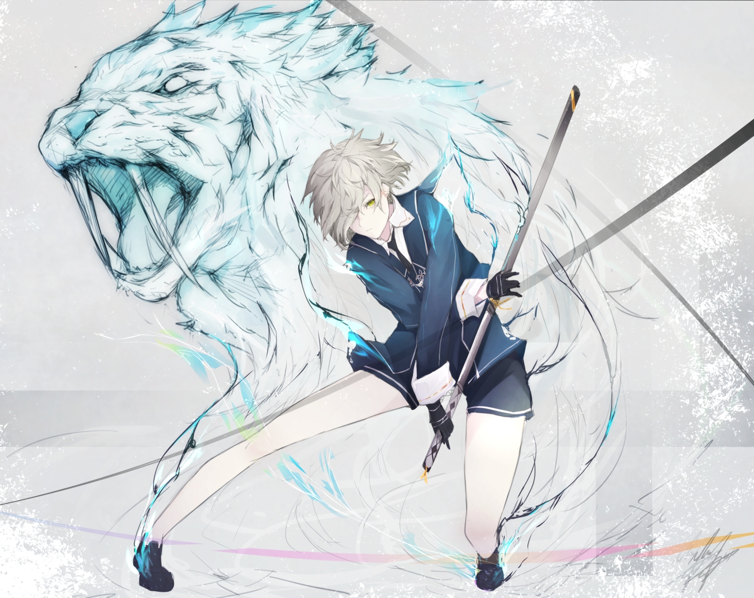 all_male, animal, anthropomorphism, gloves, gokotai, male, marumoru, sword, tiger, touken_ranbu, weapon, white_hair, yellow_eyes