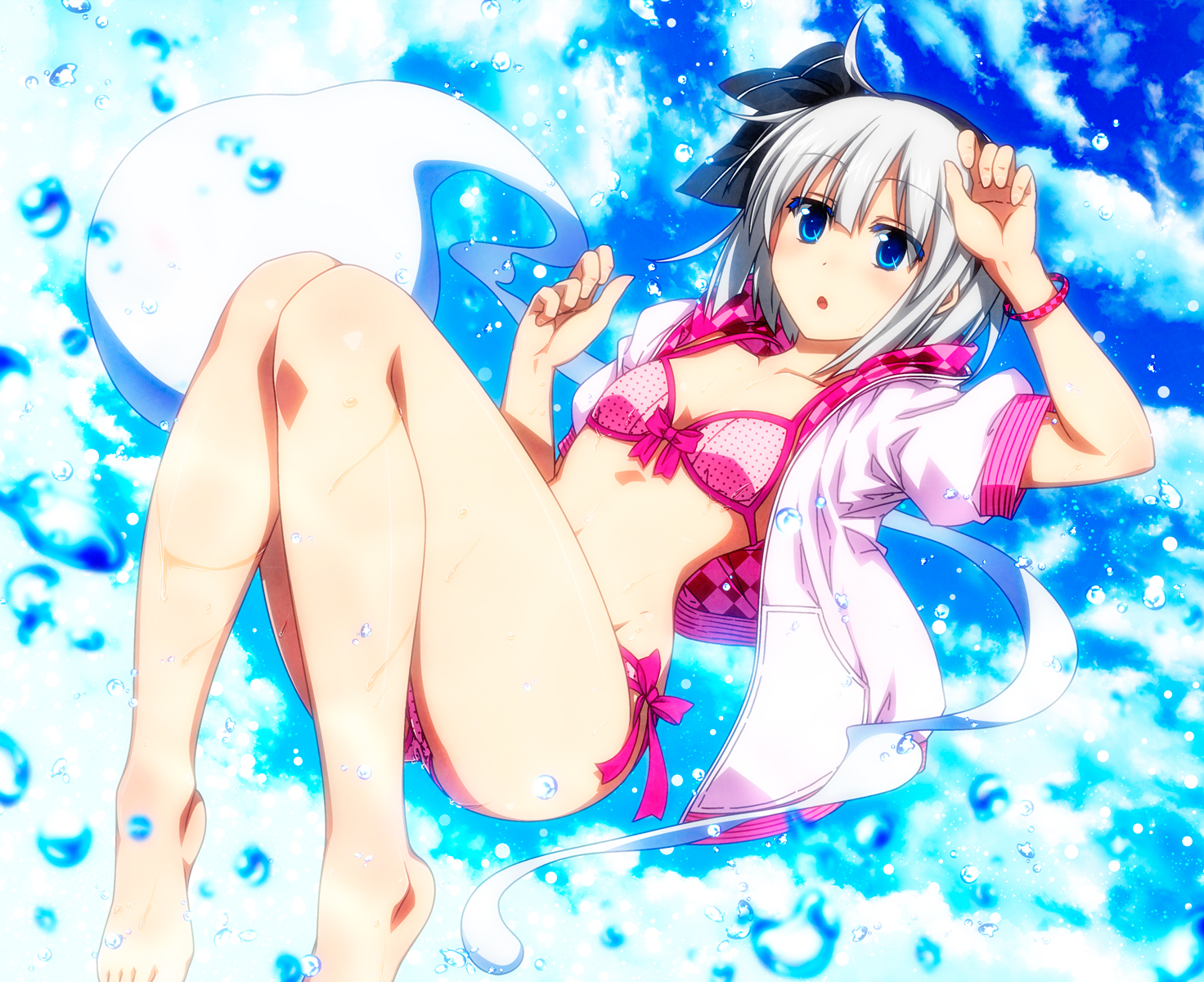 barefoot, bikini, blue_eyes, blush, headband, konpaku_youmu, open_shirt, sazanami_mio
