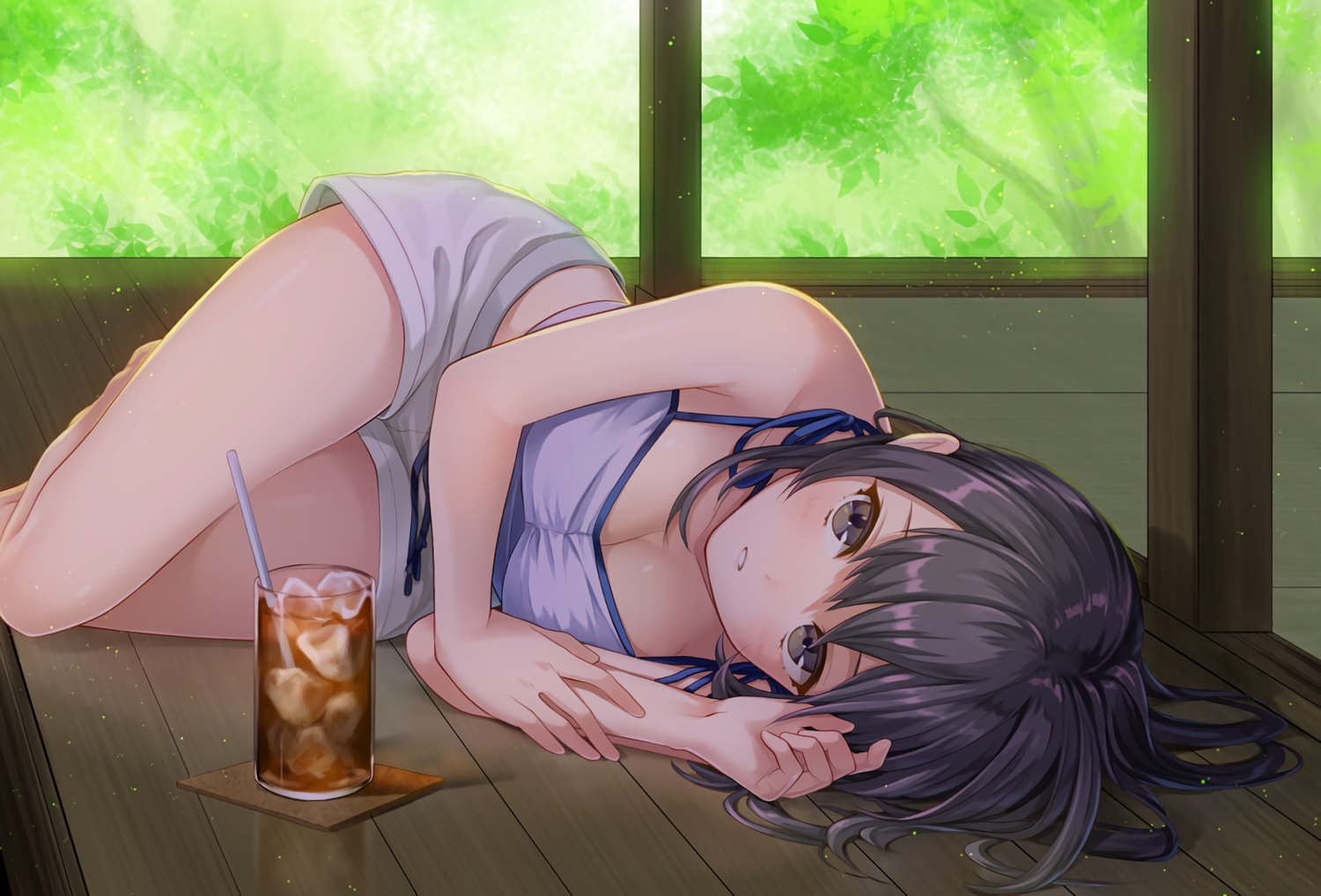 breasts, cleavage, drink, gray_hair, green_eyes, long_hair, ne-on, no_bra, original, shorts, waifu2x