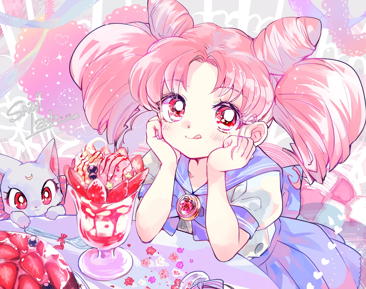 animal, asako_(itiba), candy, cat, chibiusa, diana, food, fruit, ice_cream, loli, pink_hair, red_eyes, sailor_moon, school_uniform, strawberry, twintails, waifu2x