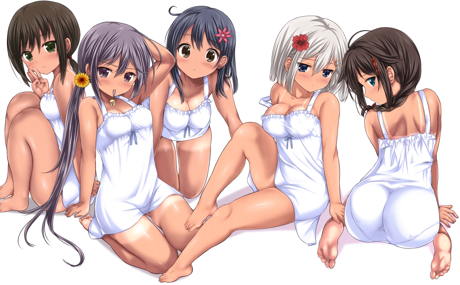 akebono_(kancolle), anthropomorphism, ass, barefoot, black_hair, blue_eyes, blush, braids, breasts, brown_eyes, brown_hair, cleavage, dark_skin, dress, flowers, fubuki_(kancolle), gray_hair, group, hamakaze_(kancolle), kantai_collection, long_hair, nijimoto_hiro, no_bra, ponytail, purple_eyes, purple_hair, shigure_(kancolle), short_hair, skintight, summer_dress, tan_lines, ushio_(kancolle), waifu2x