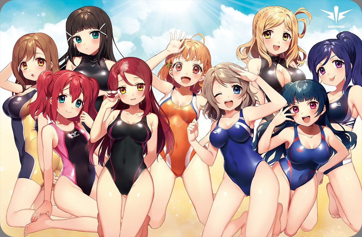 aqua_eyes, barefoot, black_hair, blonde_hair, blue_eyes, blue_hair, breasts, brown_hair, cleavage, clouds, green_eyes, green_hair, group, ichinose_yukino, kunikida_hanamaru, kurosawa_dia, kurosawa_ruby, long_hair, love_live!_school_idol_project, love_live!_sunshine!!, matsuura_kanan, navel, ohara_mari, orange_eyes, orange_hair, pink_eyes, ponytail, purple_eyes, red_eyes, red_hair, sakurauchi_riko, short_hair, skintight, sky, swimsuit, takami_chika, tsushima_yoshiko, twintails, watanabe_you, yellow_eyes