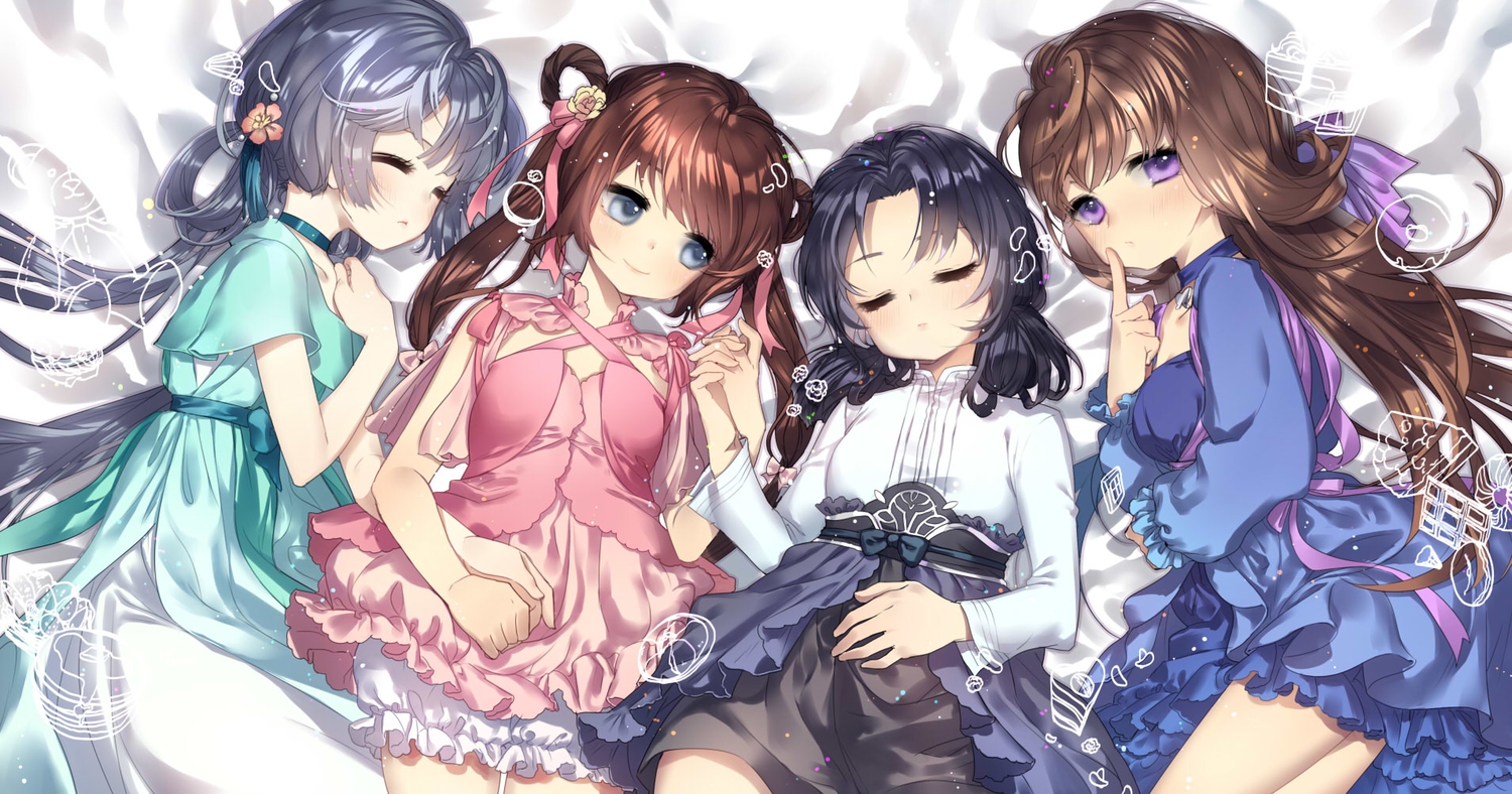 black_hair, bloomers, blue_eyes, blush, brown_hair, choker, dress, gray_hair, group, lolita_fashion, long_hair, nuage, original, purple_eyes, ribbons, sleeping, twintails