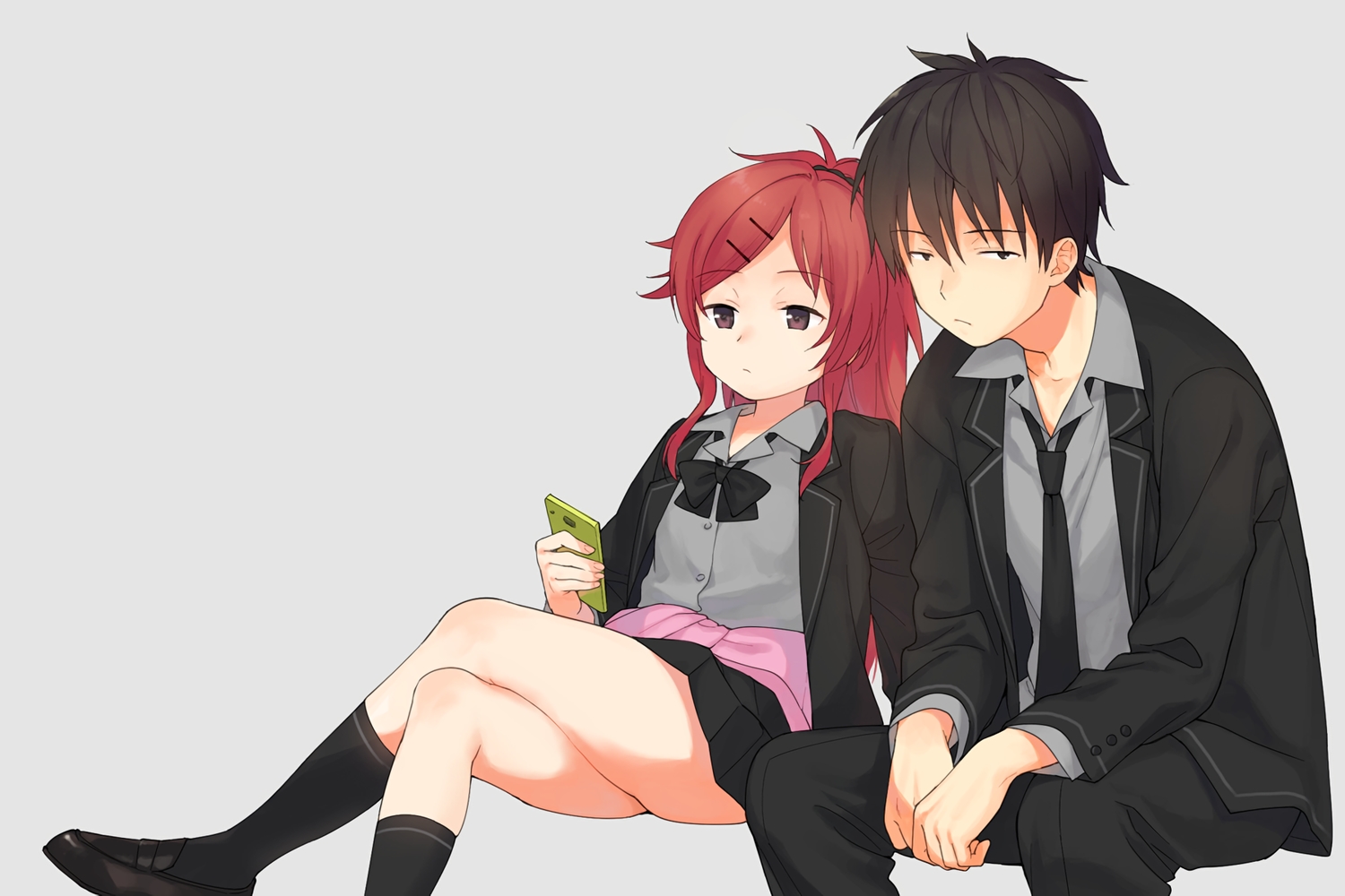 black_eyes, black_hair, bow, brown_eyes, chigusa_asuha, chigusa_kasumi, kneehighs, long_hair, male, phone, ponytail, qualidea_code, red_hair, school_uniform, sekiya_asami, short_hair, tie, waifu2x