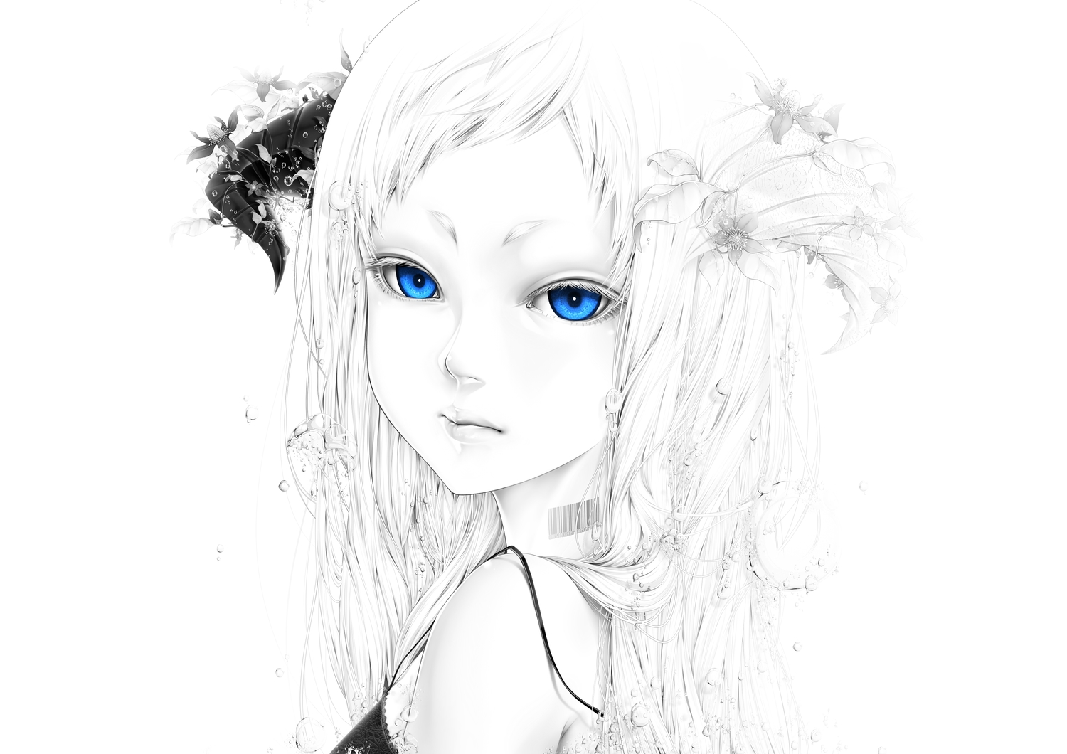 aqua_eyes, bouno_satoshi, close, flowers, horns, long_hair, mea_no_kyouiku_(vocaloid), original