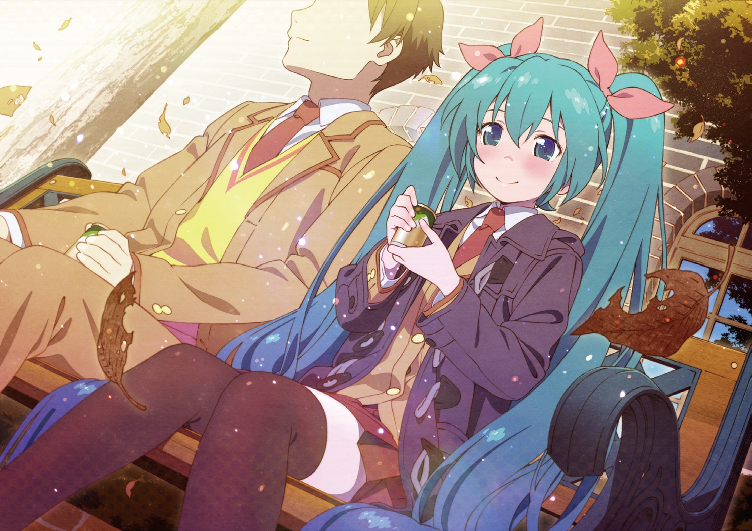aqua_eyes, aqua_hair, autumn, drink, hatsune_miku, leaves, long_hair, male