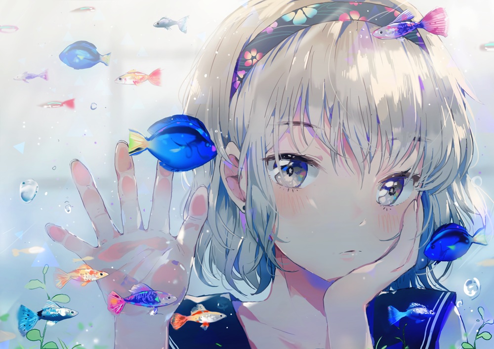 animal, blonde_hair, blush, bubbles, dangmill, fish, headband, original