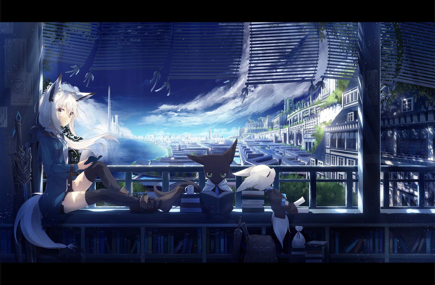 animal_ears, barefoot, book, clouds, foxgirl, long_hair, original, ozshia_(shia-ushio)