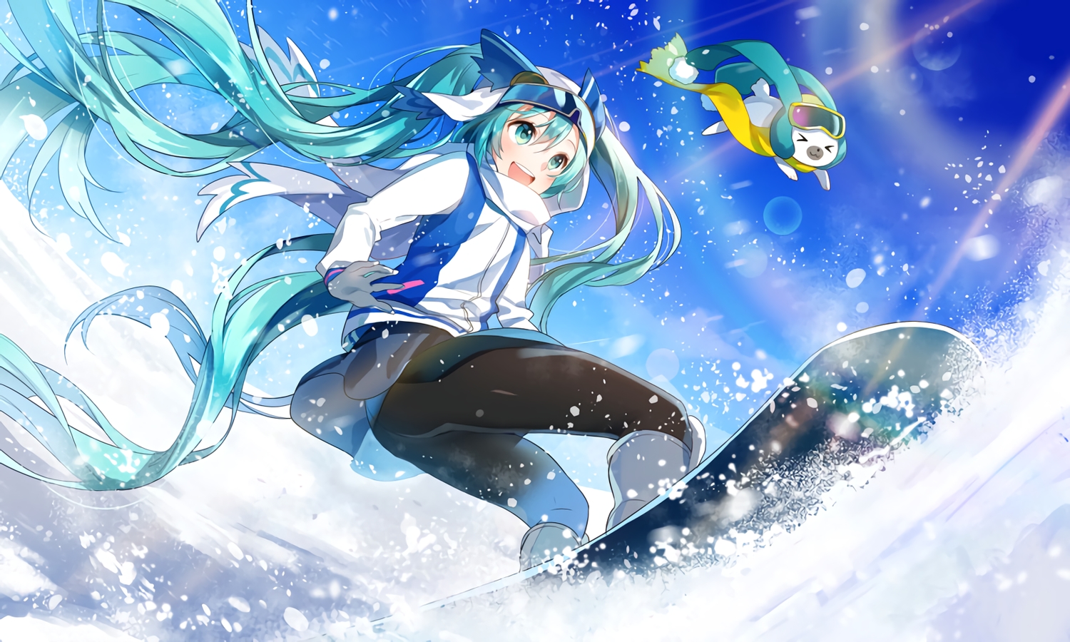 animal, aqua_eyes, aqua_hair, boots, clouds, gloves, hatsune_miku, headdress, long_hair, pantyhose, rabbit, sky, snow, sport, twintails, vocaloid, waifu2x, yuki_miku, yukine_(vocaloid), yunkel_(zeijaku_mental)