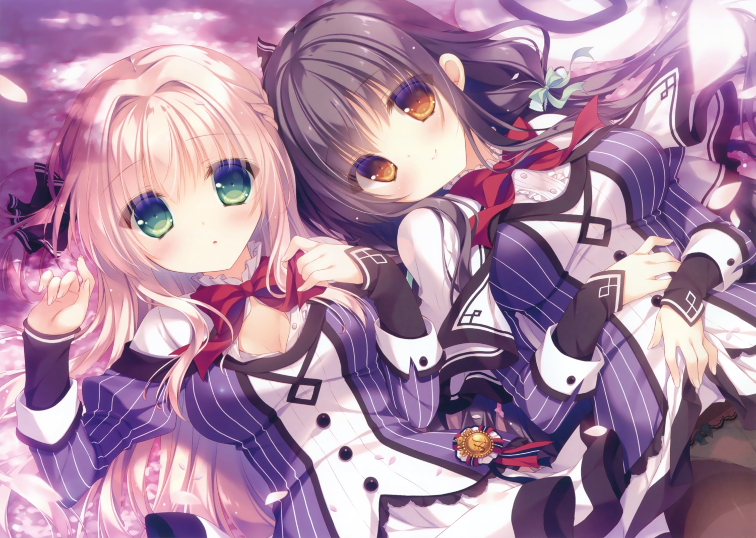 2girls, blonde_hair, breasts, brown_hair, cleavage, green_hair, kifune_yuzu, long_hair