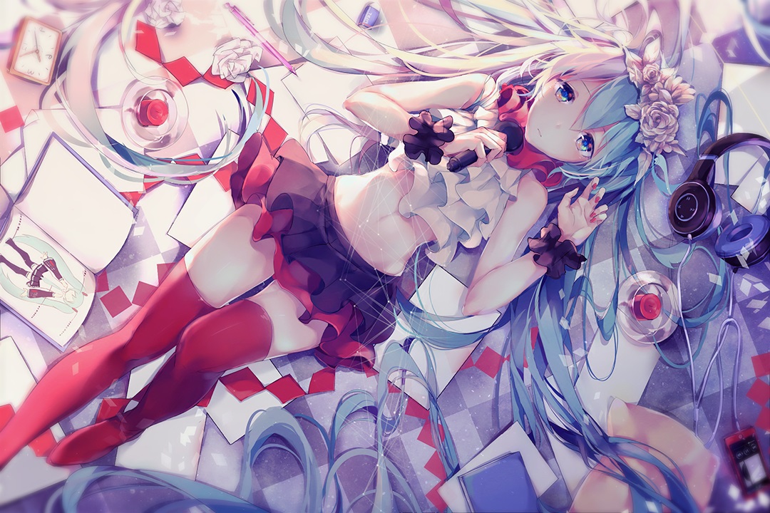 aqua_eyes, aqua_hair, book, hatsune_miku, headdress, headphones, long_hair, microphone, navel, paper, pino_ko, skirt, thighhighs, vocaloid, wristwear, zettai_ryouiki