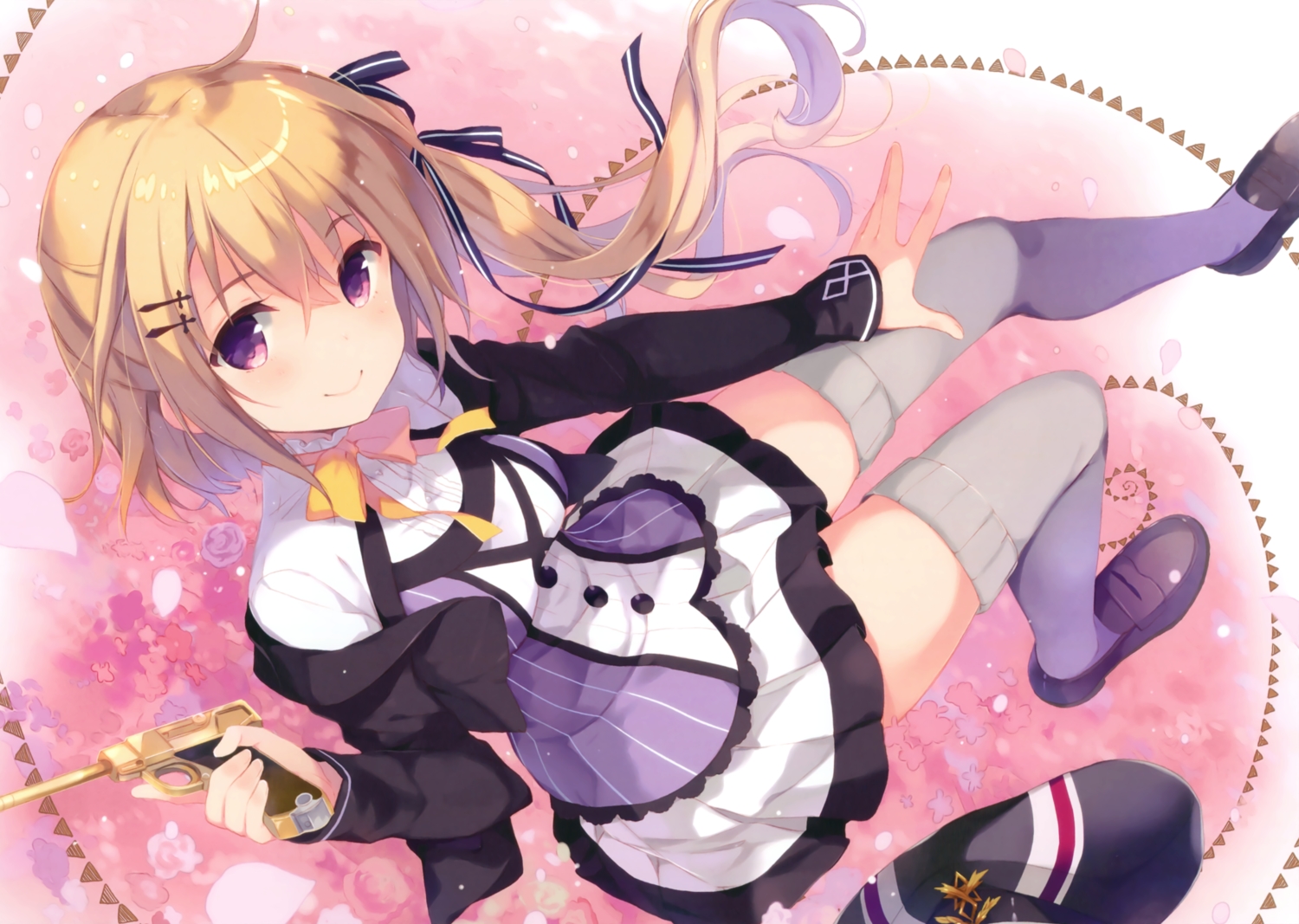 blonde_hair, choker, gun, hat, ogaki_hinata, otome_domain, palette_qualia, purple_eyes
