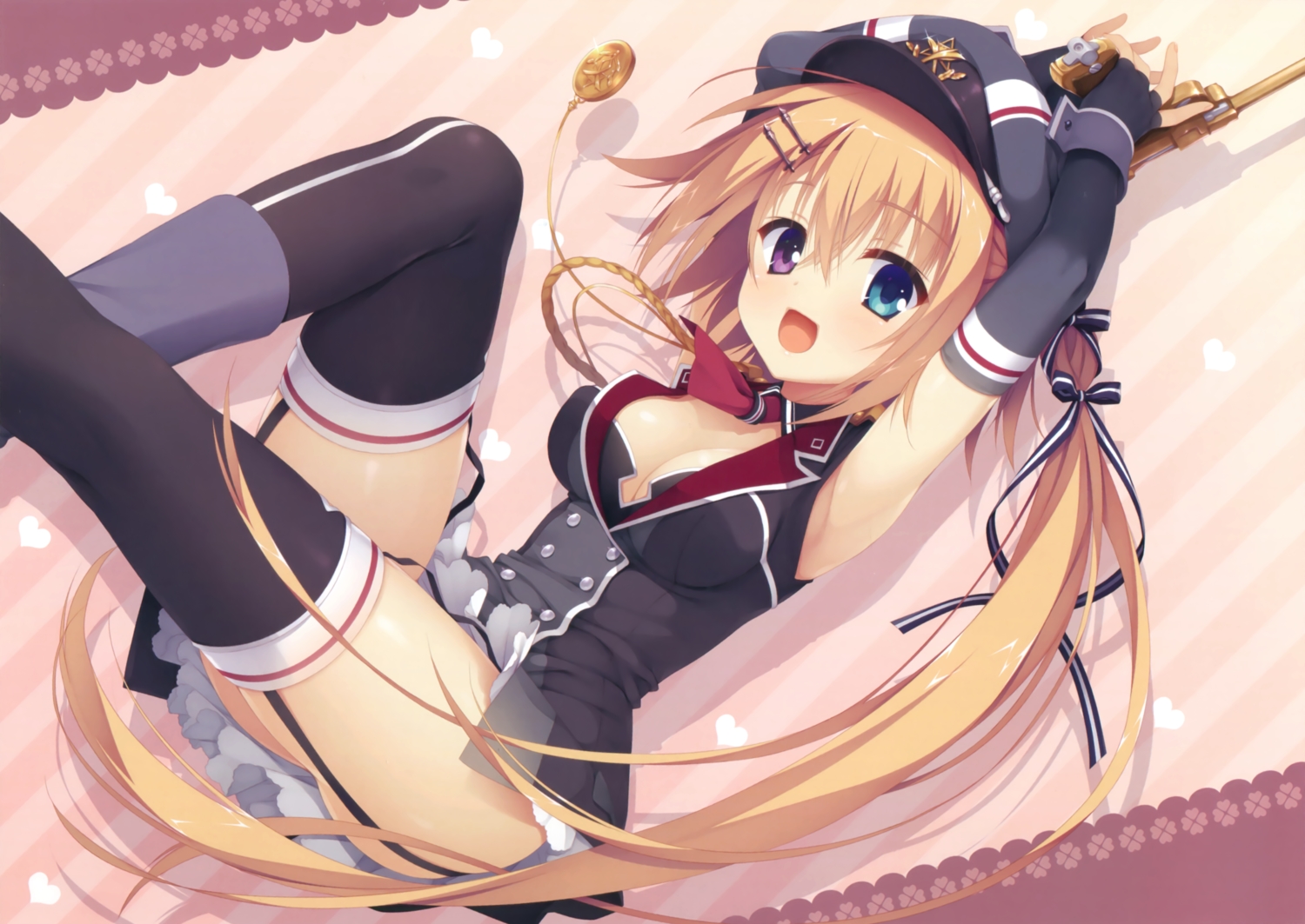 bicolored_eyes, blonde_hair, breasts, cleavage, gun, hat, kobuichi, long_hair, military, ogaki_hinata, otome_domain, palette_qualia, scan, stockings, twintails, uniform, weapon