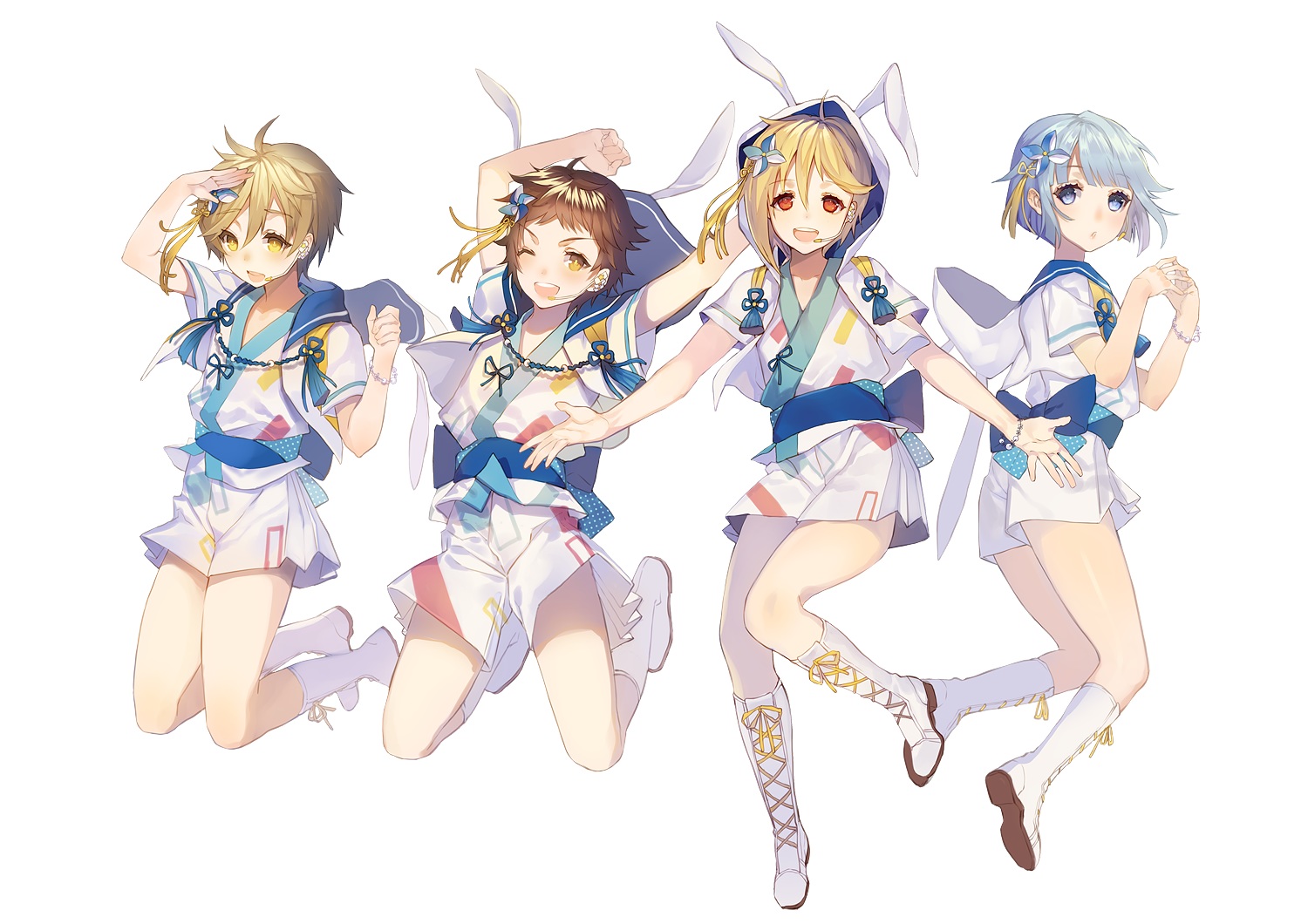 aliasing, all_male, animal_ears, aqua_eyes, aqua_hair, blonde_hair, boots, bow, brown_hair, bunny_ears, ensemble_stars!, group, hood, japanese_clothes, male, mashiro_tomoya, nito_nazuna, red_eyes, school_uniform, shino_hajime, short_hair, shorts, tagme_(artist), tenma_mitsuru, white, wink, yellow_eyes