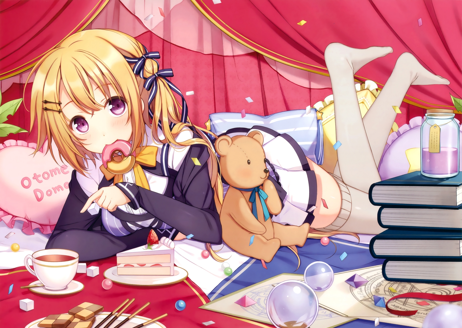 6u_(eternal_land), blush, book, cake, drink, food, ogaki_hinata, otome_domain
