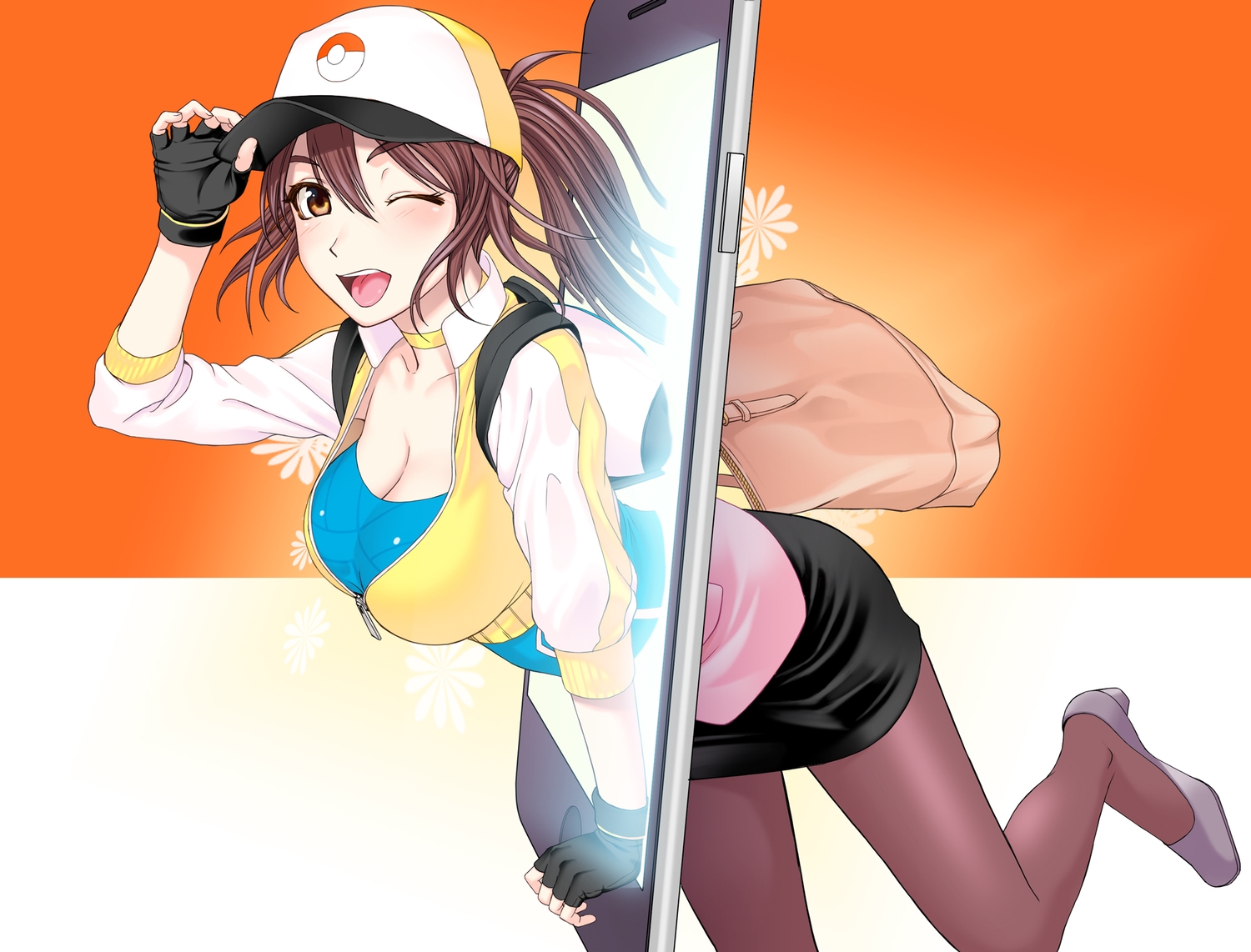 breasts, brown_eyes, brown_hair, cleavage, female_protagonist_(pokemon_go), gloves, hat, oretoreon, pantyhose, phone, pokemon, ponytail, skirt, wink