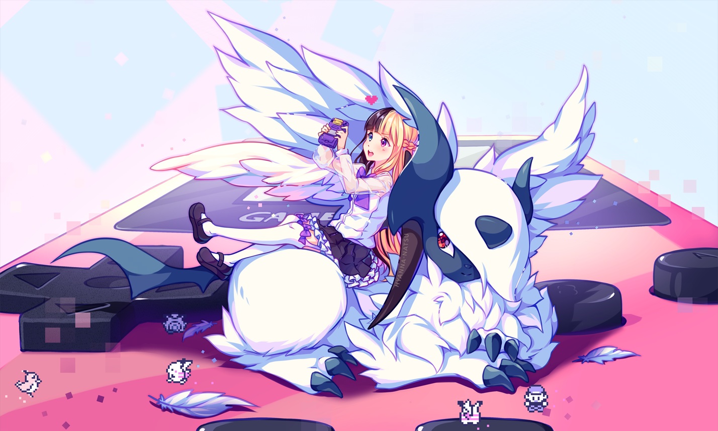 absol, bicolored_eyes, feathers, game_console, hyanna-natsu, original, pokemon