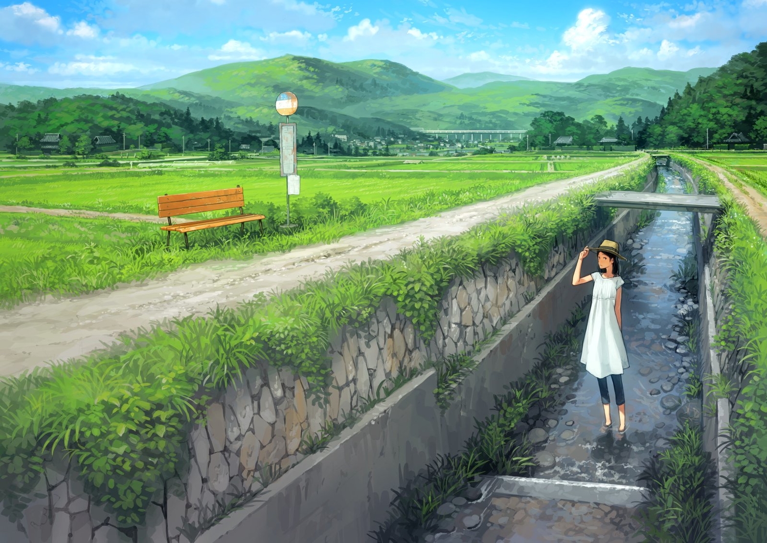 black_hair, clouds, dress, hat, jpeg_artifacts, landscape, original, scenic