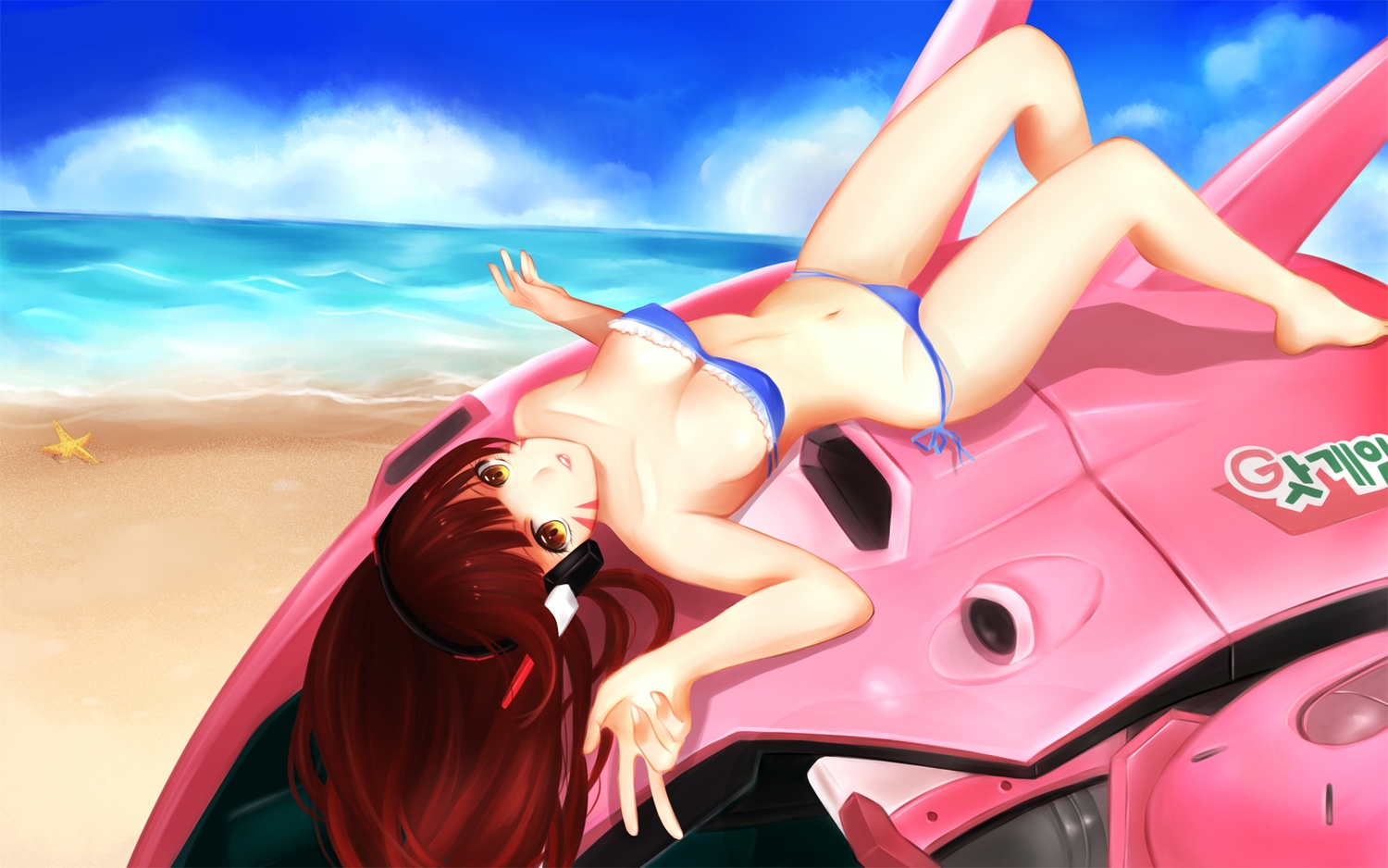 animal, beach, bikini, breasts, chu_(huaha1320), cleavage, clouds, d.va, erect_nipples, fish, long_hair, mecha, navel, orange_eyes, overwatch, red_hair, sky, swimsuit, water