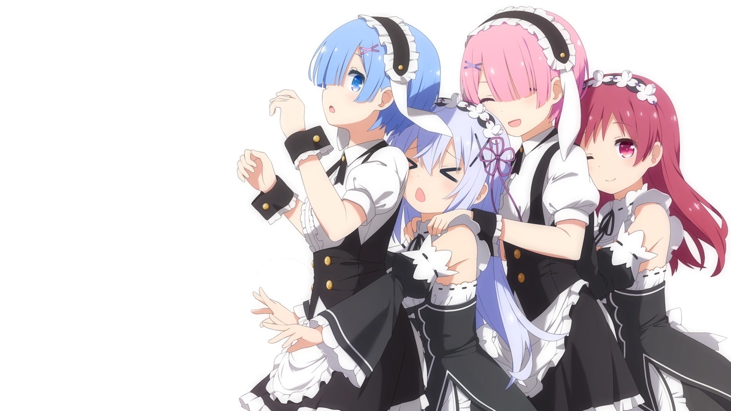 cosplay, crossover, gochuumon_wa_usagi_desu_ka?, group, haribote_(tarao), kafuu_chino, loli, maid, natsu_megumi, ram_(re:zero), rem_(re:zero), re:zero_kara_hajimeru_isekai_seikatsu, twins, waitress