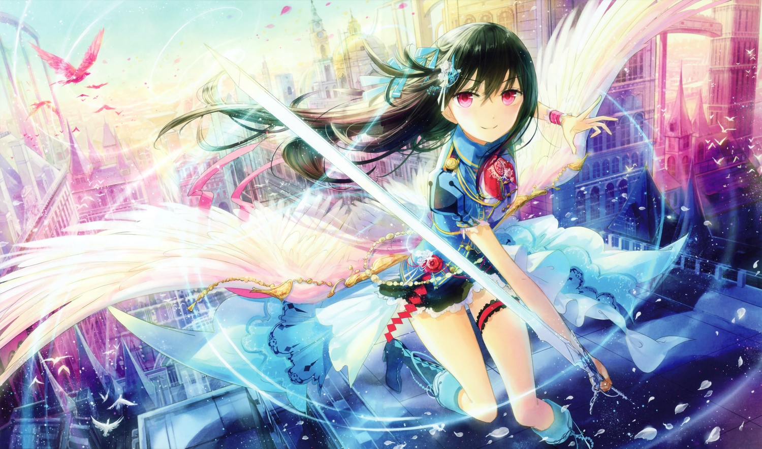 animal, bird, black_hair, building, fuumi_(radial_engine), garter, long_hair, original