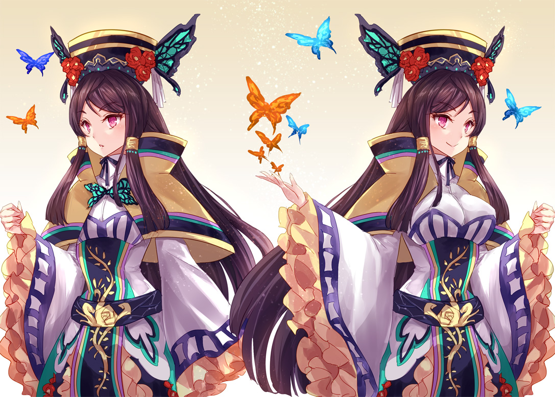 asle, brown_hair, butterfly, dan_fei, dress, headdress, long_hair, purple_eyes, thunderbolt_fantasy