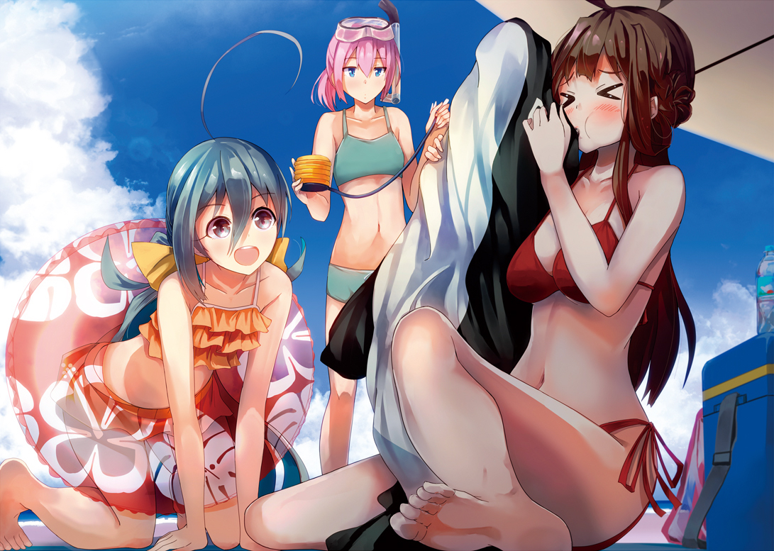 anthropomorphism, barefoot, bikini, kantai_collection, kiyoshimo_(kancolle), kongou_(kancolle), konkito, navel