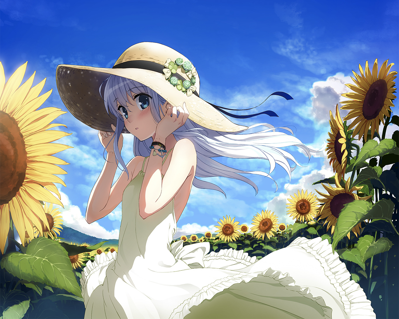 anthropomorphism, blue_eyes, cropped, dress, flowers, hat, hibiki_(kancolle), honjou_masato, kantai_collection, summer_dress, sunflower, wristwear